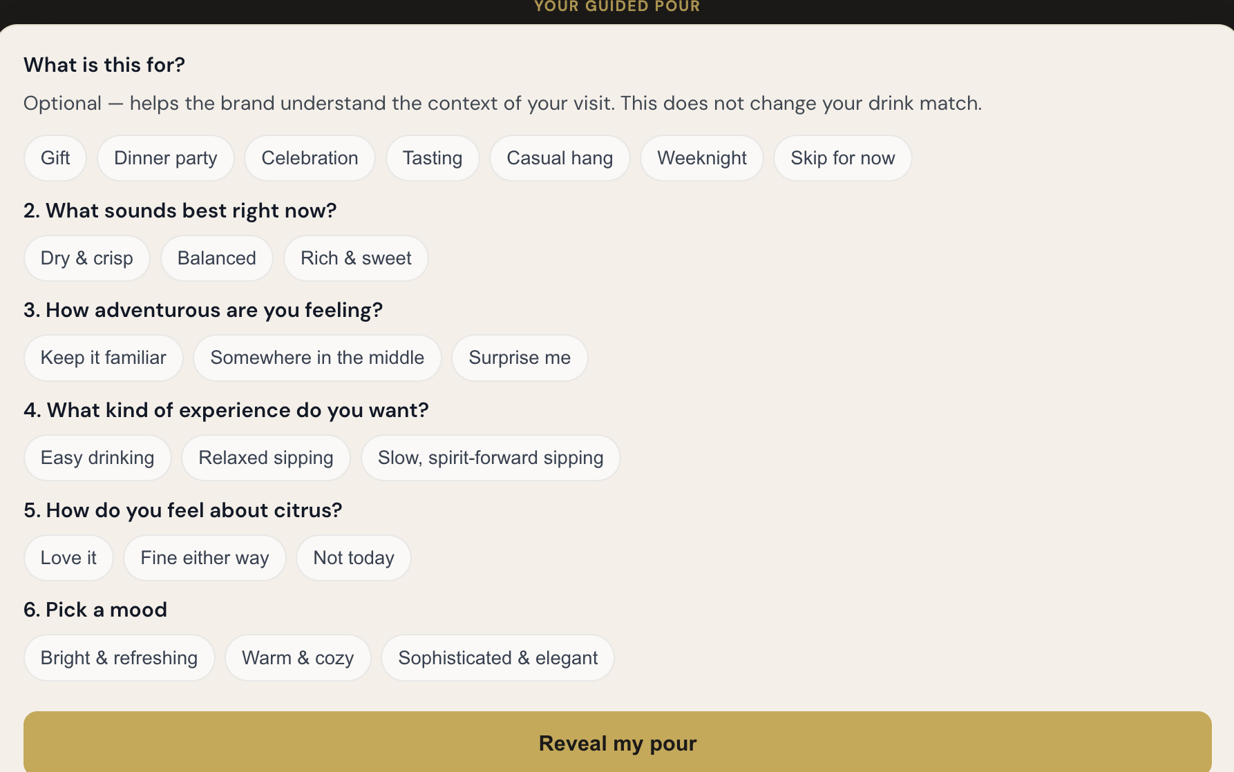 Actual BoozeButler quiz screen showing optional What is this for question, preference questions, and Reveal my pour