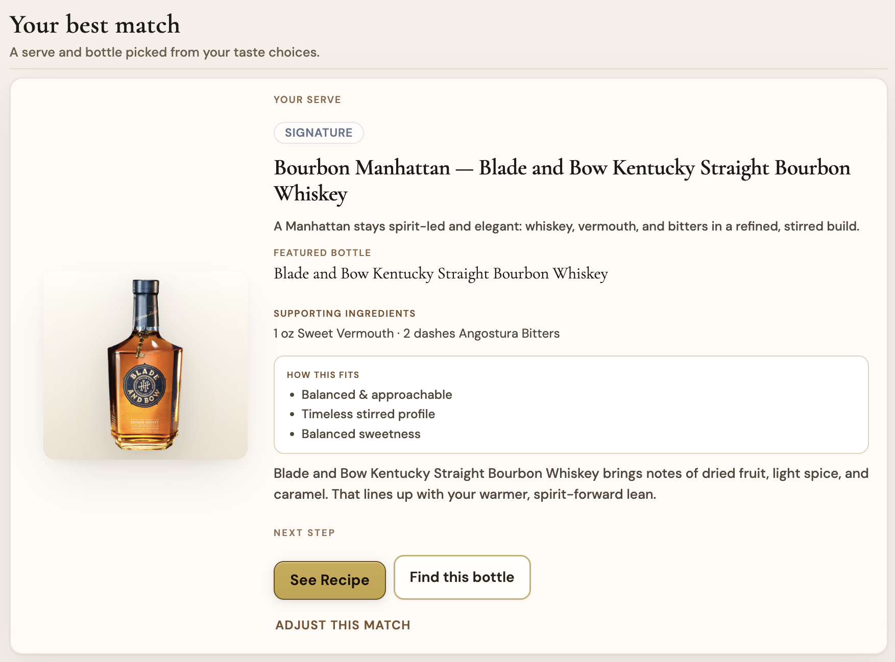 Actual BoozeButler recommendation card showing serve match, how this fits, featured bottle, See Recipe, Find this bottle, and Adjust this match