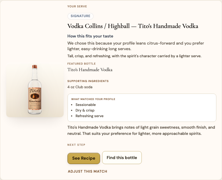BoozeButler recommendation result with bottle image, serve match, appeal copy, and next-step actions